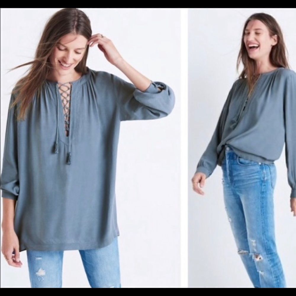 Madewell Blue Gray Lace Up Peasant Blouse